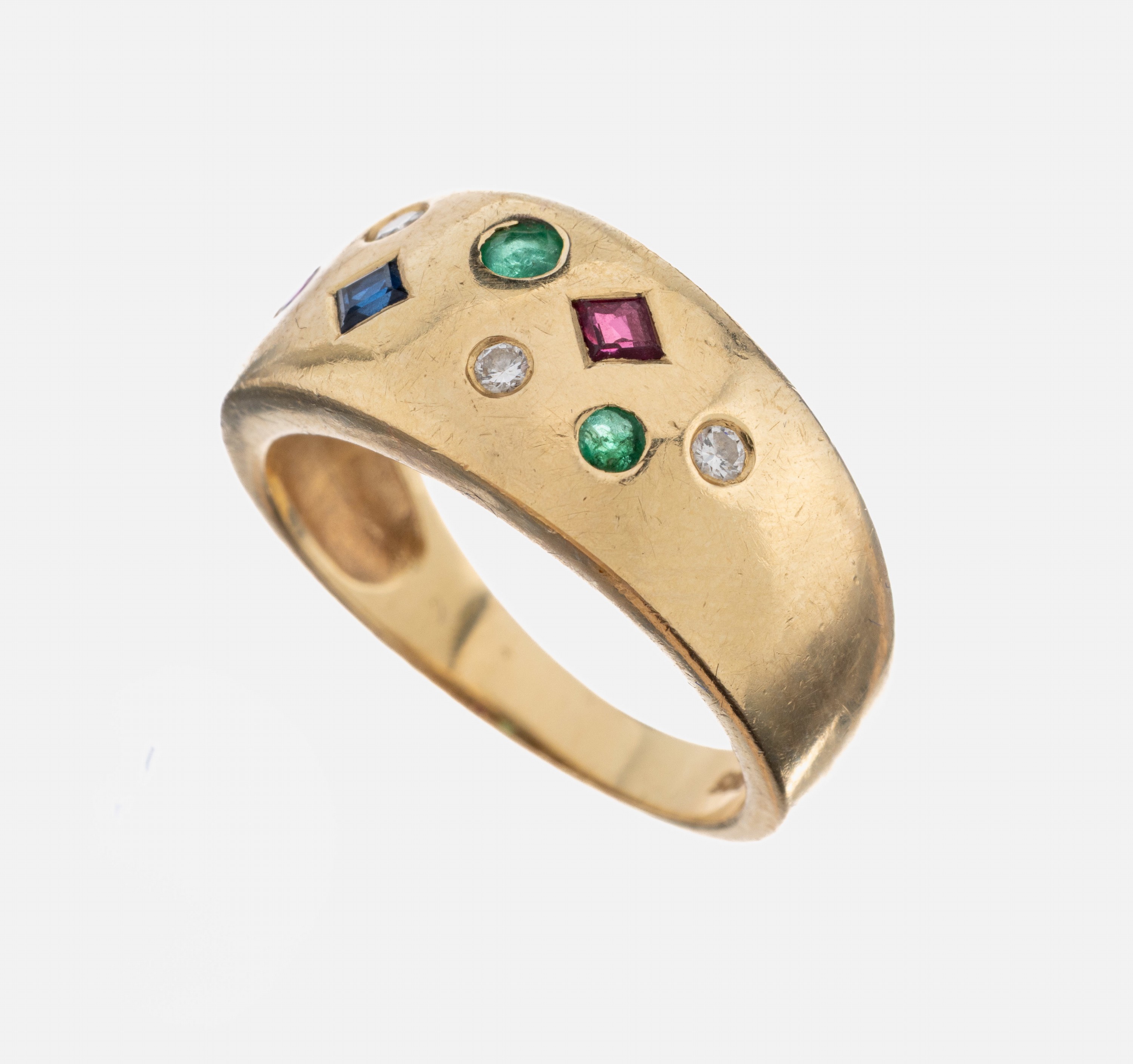 Image 27068455 - 14 kt Gold Rubin-Smaragd-Saphir-Brillant-Ring, GG 585/000, 1 Rubin-Carree und 1 ...