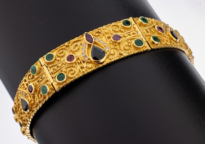 Image 18 kt Gold Saphir-Smaragd-Rubin-Diamant- Armband, GG 750/000, Orient, 3 facett. ...