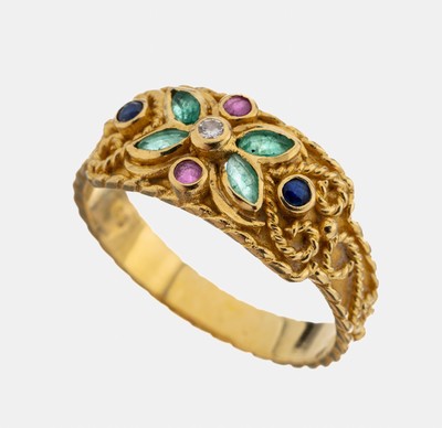 Image 18 kt Gold Smaragd-Rubin-Saphir-Diamant-Ring, GG 750/000, Orient, 4 Smaragd-Navettes ...