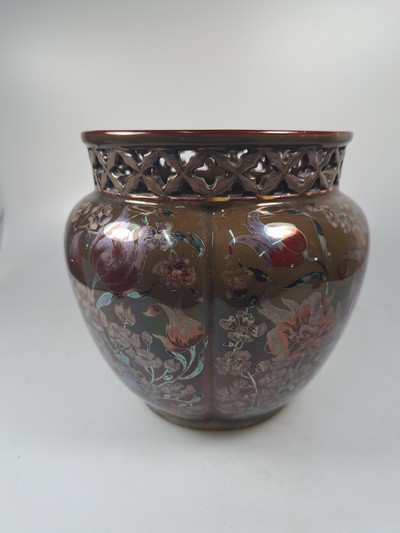 27068465a - Vase and planter, Zsolnay, Hungary, ceramic, brown ground, surrounding floral decoration, ...