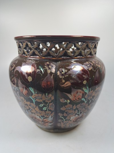 27068465b - Vase and planter, Zsolnay, Hungary, ceramic, brown ground, surrounding floral decoration, ...