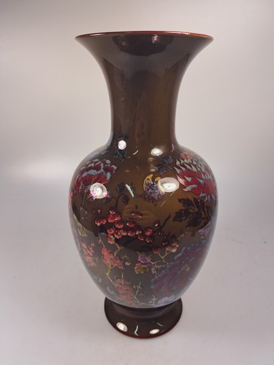 27068465i - Vase and planter, Zsolnay, Hungary, ceramic, brown ground, surrounding floral decoration, ...