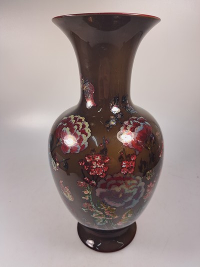 27068465j - Vase and planter, Zsolnay, Hungary, ceramic, brown ground, surrounding floral decoration, ...