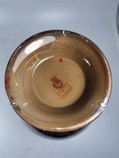 27068465l - Vase and planter, Zsolnay, Hungary, ceramic, brown ground, surrounding floral decoration, ...