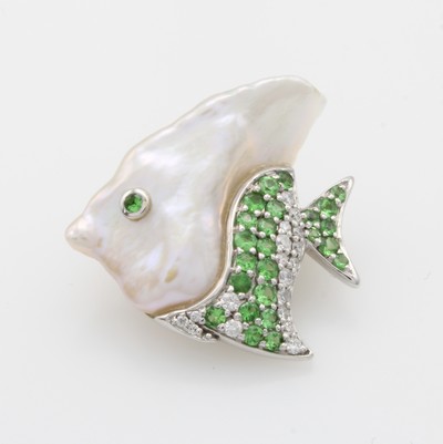 Image Anhänger/Brosche ´Fisch´ mit Süßwasserzucht- perle, Tsavorite und Brillanten, WG ...