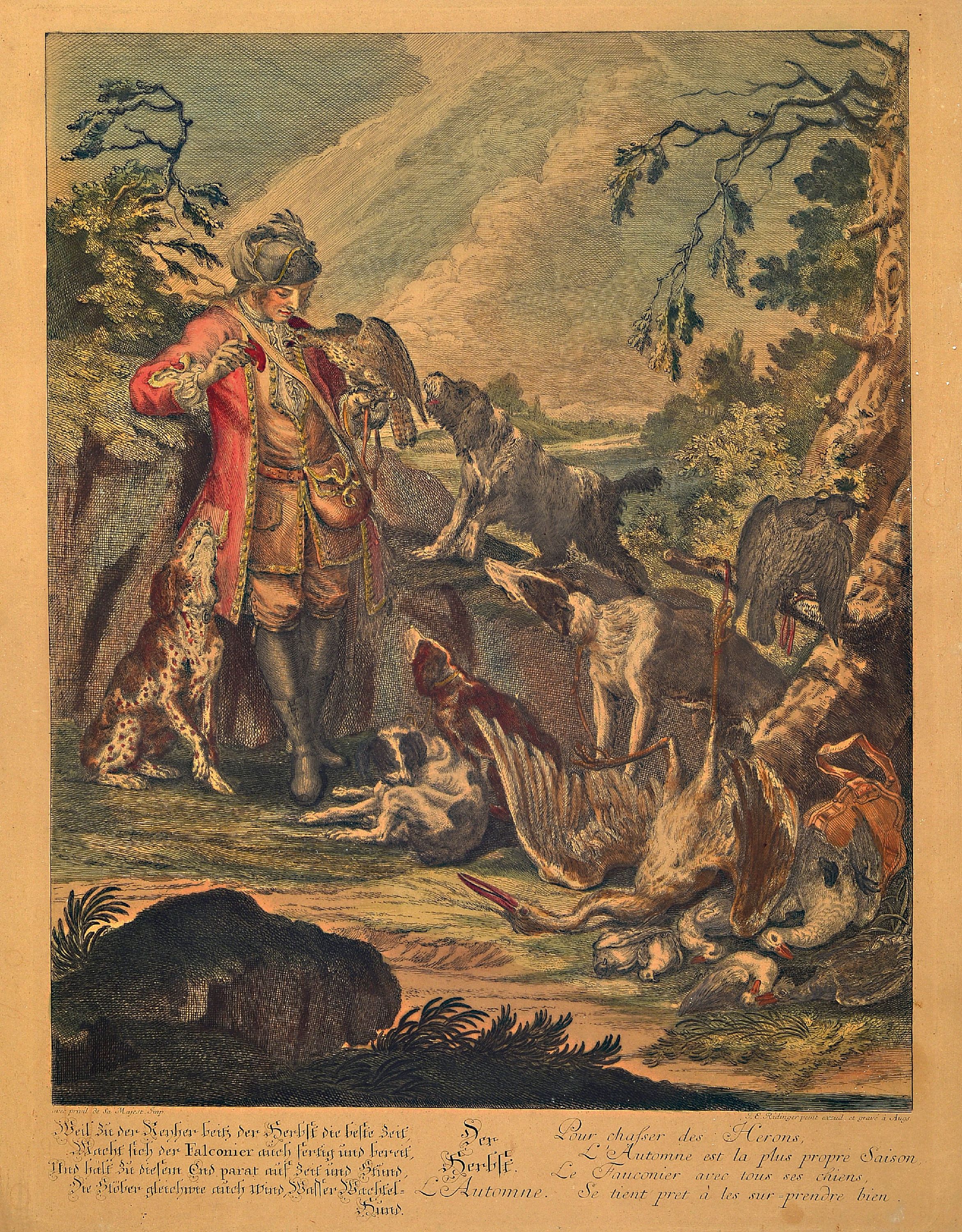 Image 27068934 - Johann Elias Ridinger, 1698 - 1767, fünf Kupferstiche, u.a. 3 Jagdszenen, Allegorien ...