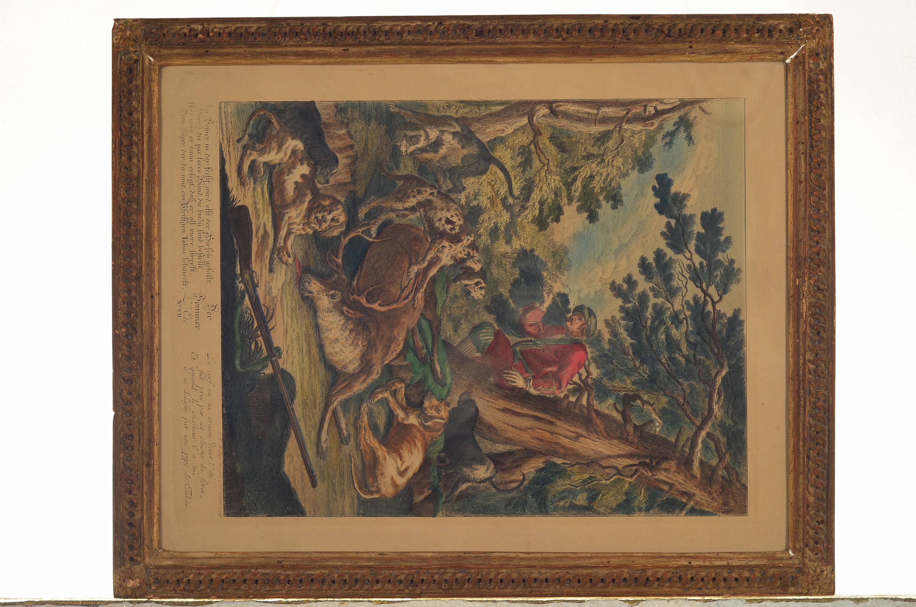Detail b: Johann Elias Ridinger, 1698 - 1767, fünf Kupferstiche, u.a. 3 Jagdszenen, Allegorien auf den Sommer, Herbst und Winter, koloriert, gebräunt, Abb. ...