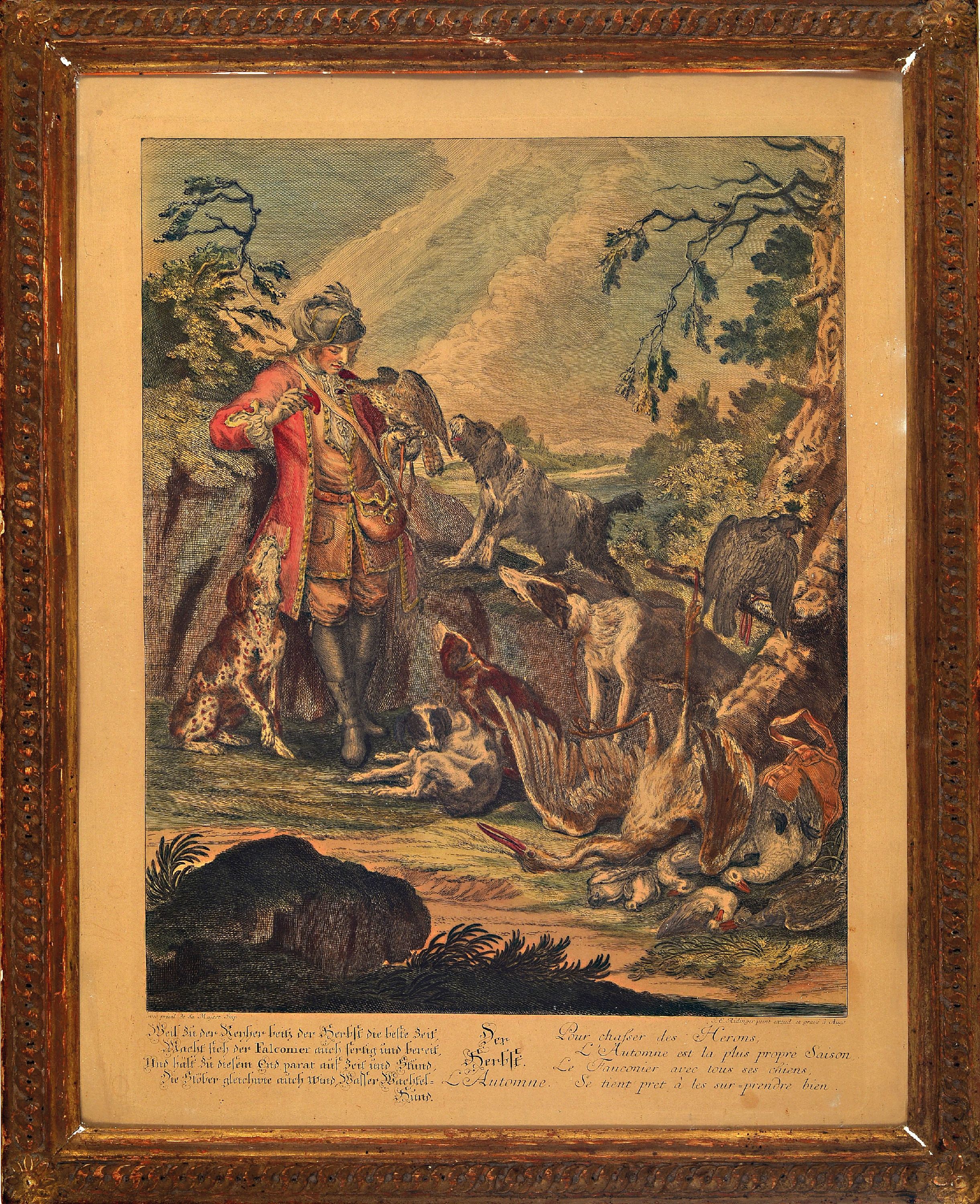 Detail k: Johann Elias Ridinger, 1698 - 1767, fünf Kupferstiche, u.a. 3 Jagdszenen, Allegorien auf den Sommer, Herbst und Winter, koloriert, gebräunt, Abb. ...