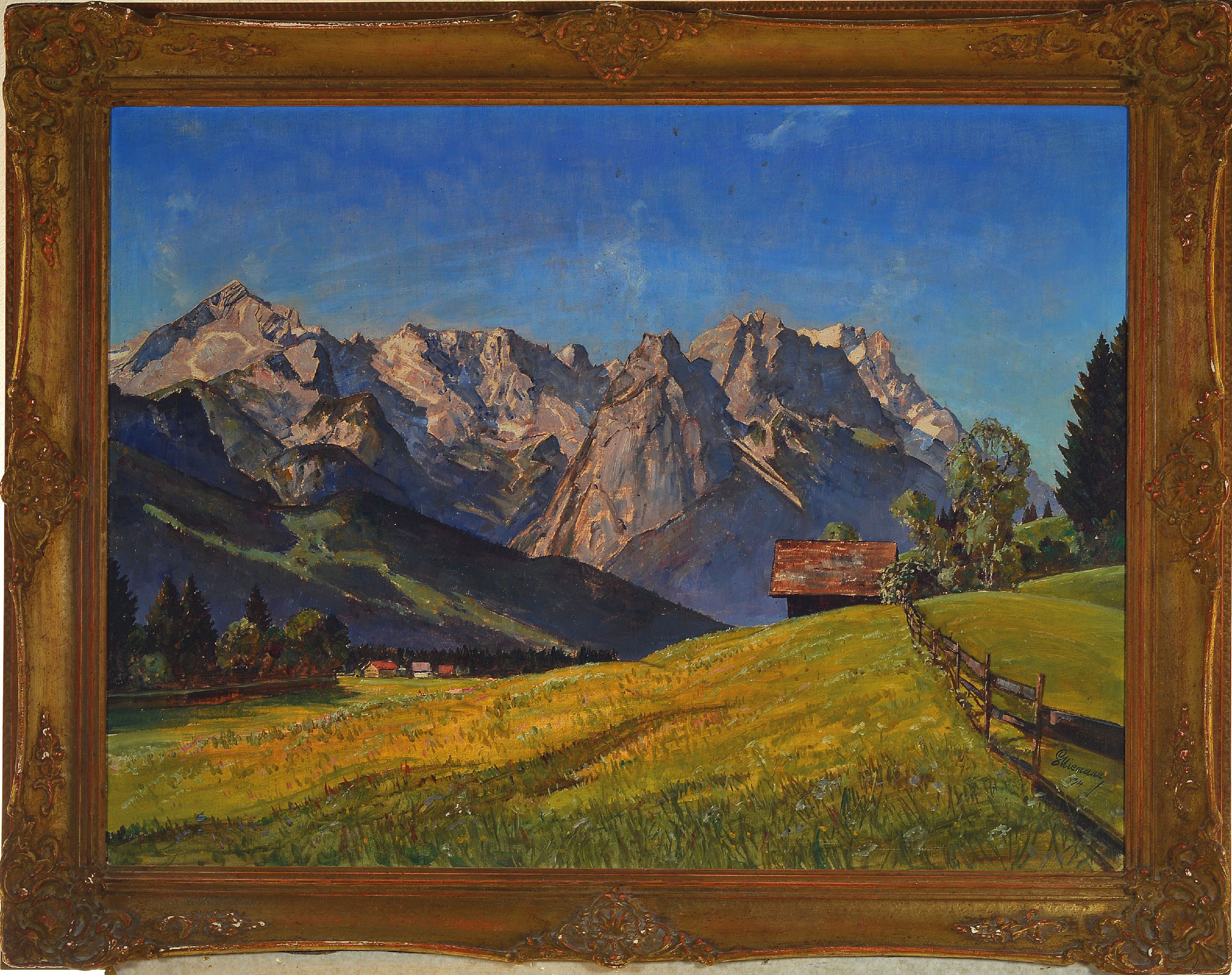 Detail k: Gottfried Niemann, 1882 Berlin-1945 Picher, Sommermorgen bei Garmisch, rückseitig so betitelt, Öl/Lwd, rechts unten sign. und dat. 34, 60x80 cm, ...