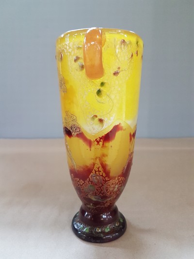 27069097d - Frühe Kantharos-Vase, Emile Galle, 1890-1900 , farbloses Glas, milchig weiß und gelb ...