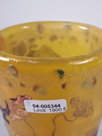 27069097m - Frühe Kantharos-Vase, Emile Galle, 1890-1900 , farbloses Glas, milchig weiß und gelb ...