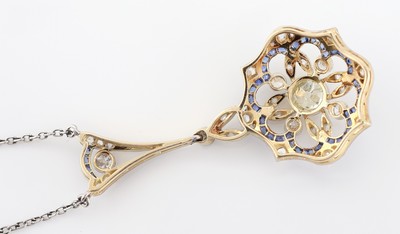 27069180c - 14 kt Gold Jugendstil Diamant-Saphir-Collier, um 1900, GG/WG 585/000, mittig ...