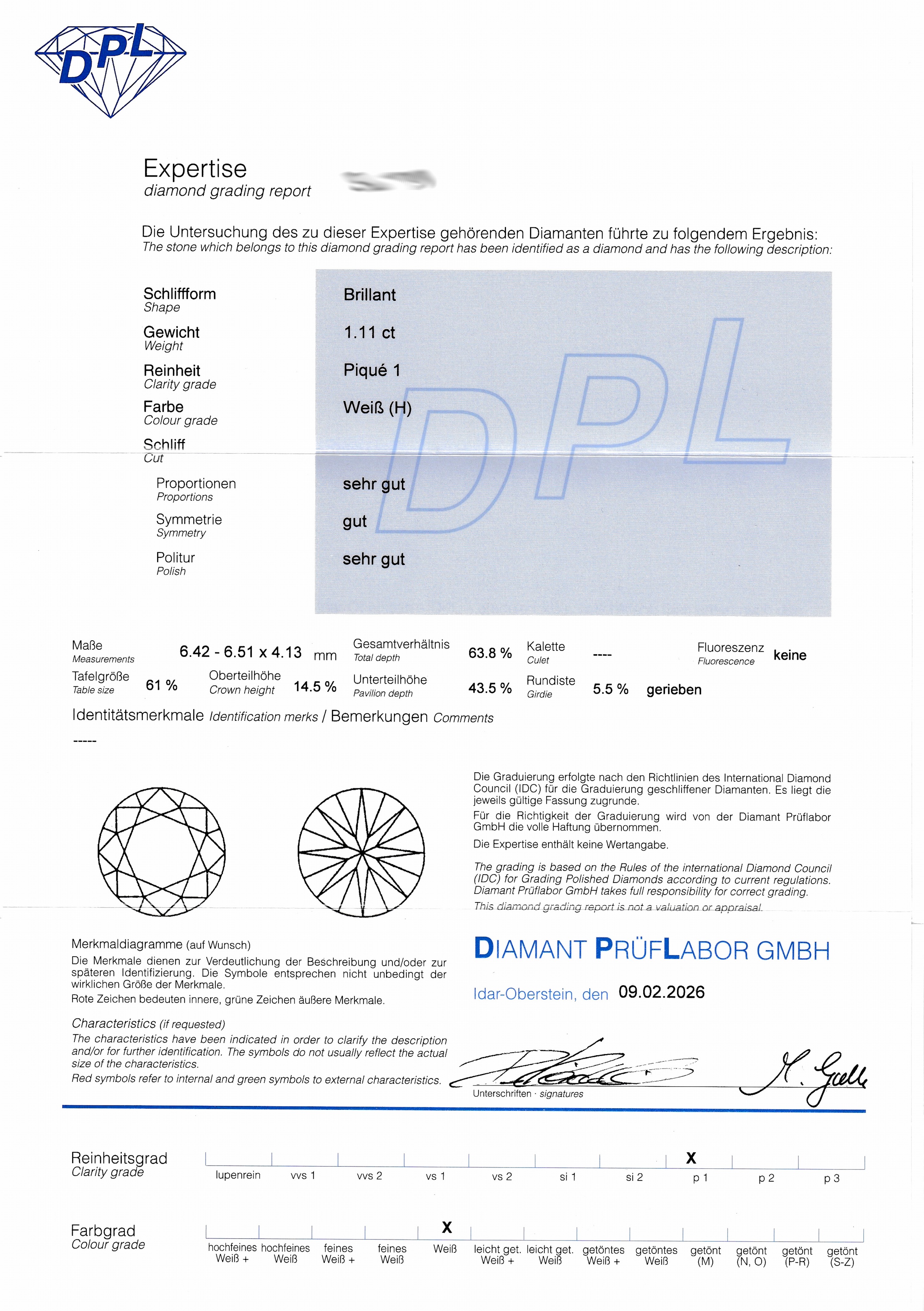 Detail d: Loser Brillant 1.11 ct Weiß(H)/p1, Proportion und Politur sehr gut, Symmetrie gut, DPL Expertise anbei