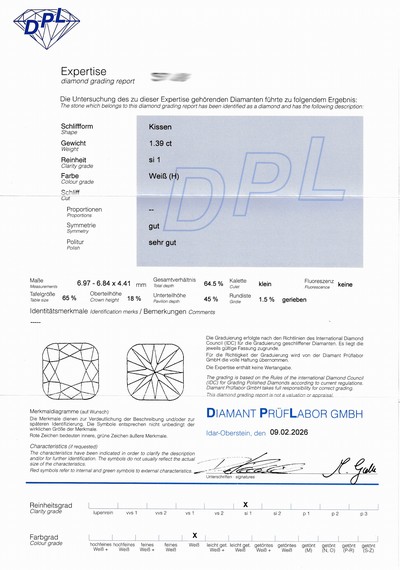 27069697d - Loser Diamant im Kissenschliff, 1.398 ct Weiß(H)/si1, Symmetrie gut, Politur sehr gut, ...