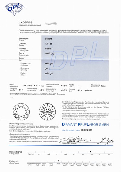 27069698d - Loser Brillant 1.11 ct Weiß(H)/p1, Proportion und Politur sehr gut, Symmetrie gut, DPL ...