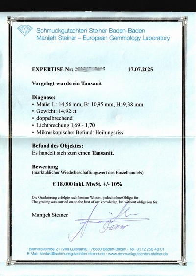 27069699d - Loser facett. Tansanit, 14.92 ct, ca. 14.56 x 10.95 x 9.38 mm, Wertgutachten über ...