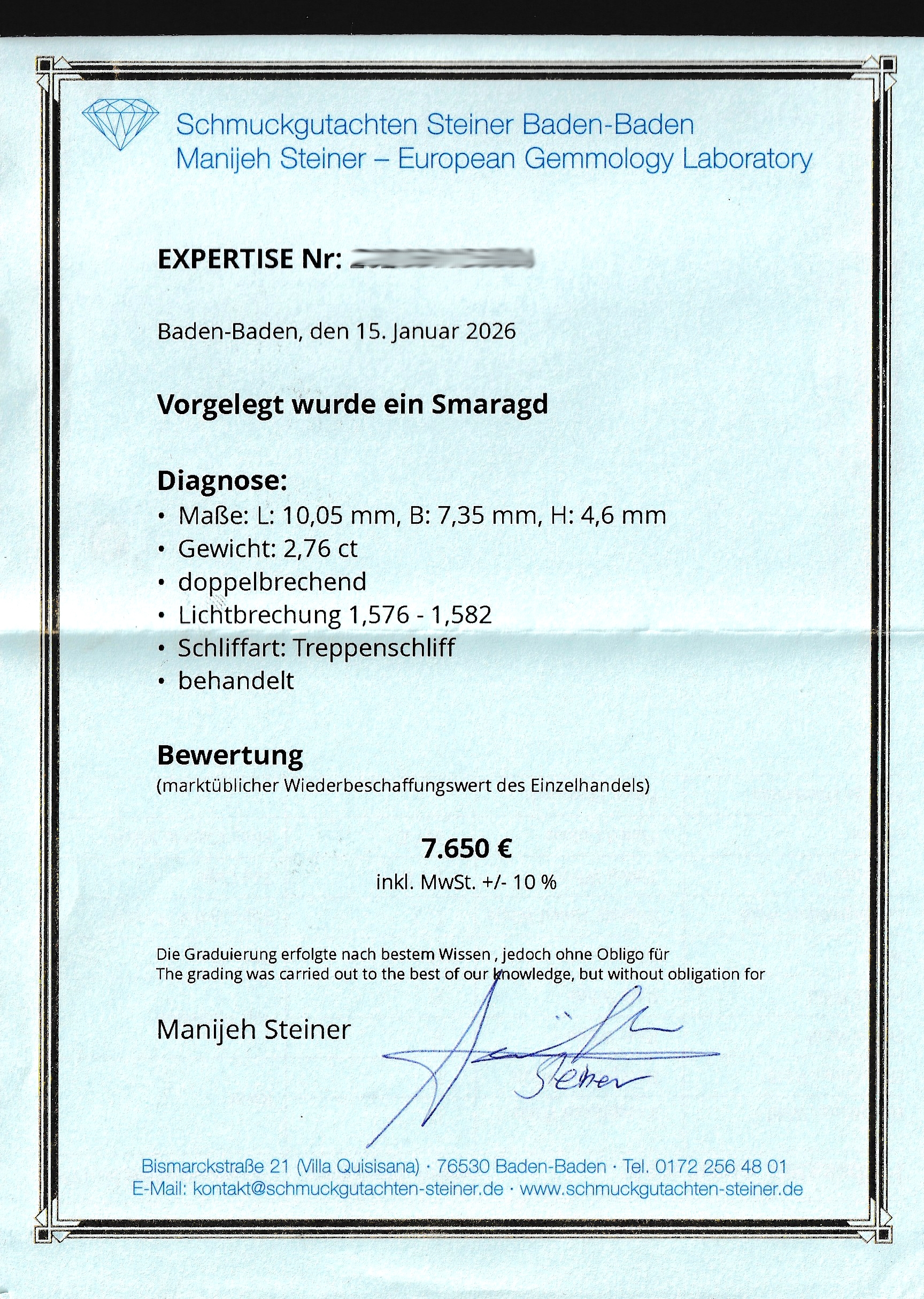 Detail d: Loser facett. Smaragd, 2.76 ct, im Treppenschliff, Maße 10.05 x 7.35 x 4.6 mm, beh., Wertgutachten über 7650.- EUR anbei
