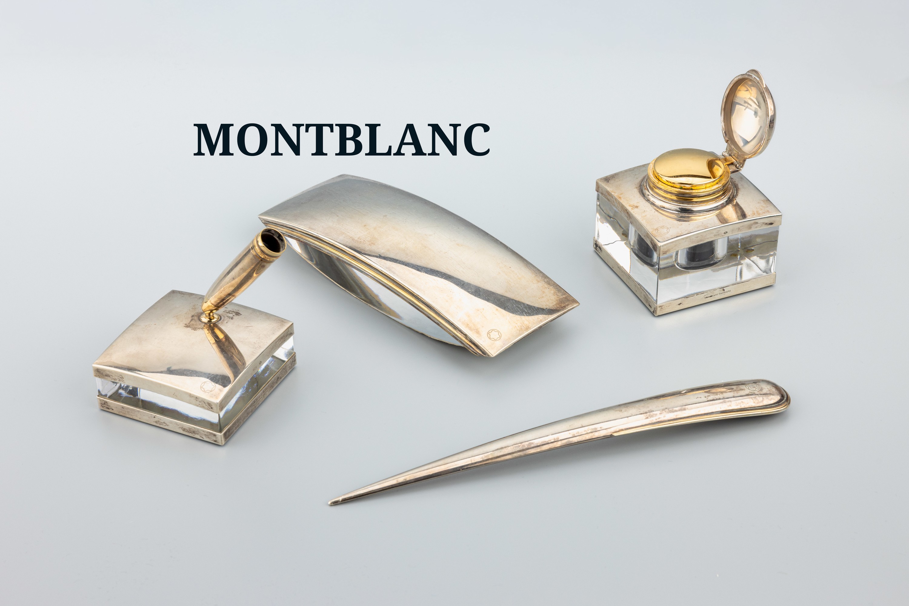 Image 27069714 - MONTBLANC Schreibgarnitur, 925er Silber teilverg. und Glas, best. aus: 1 Brieföffner, ...