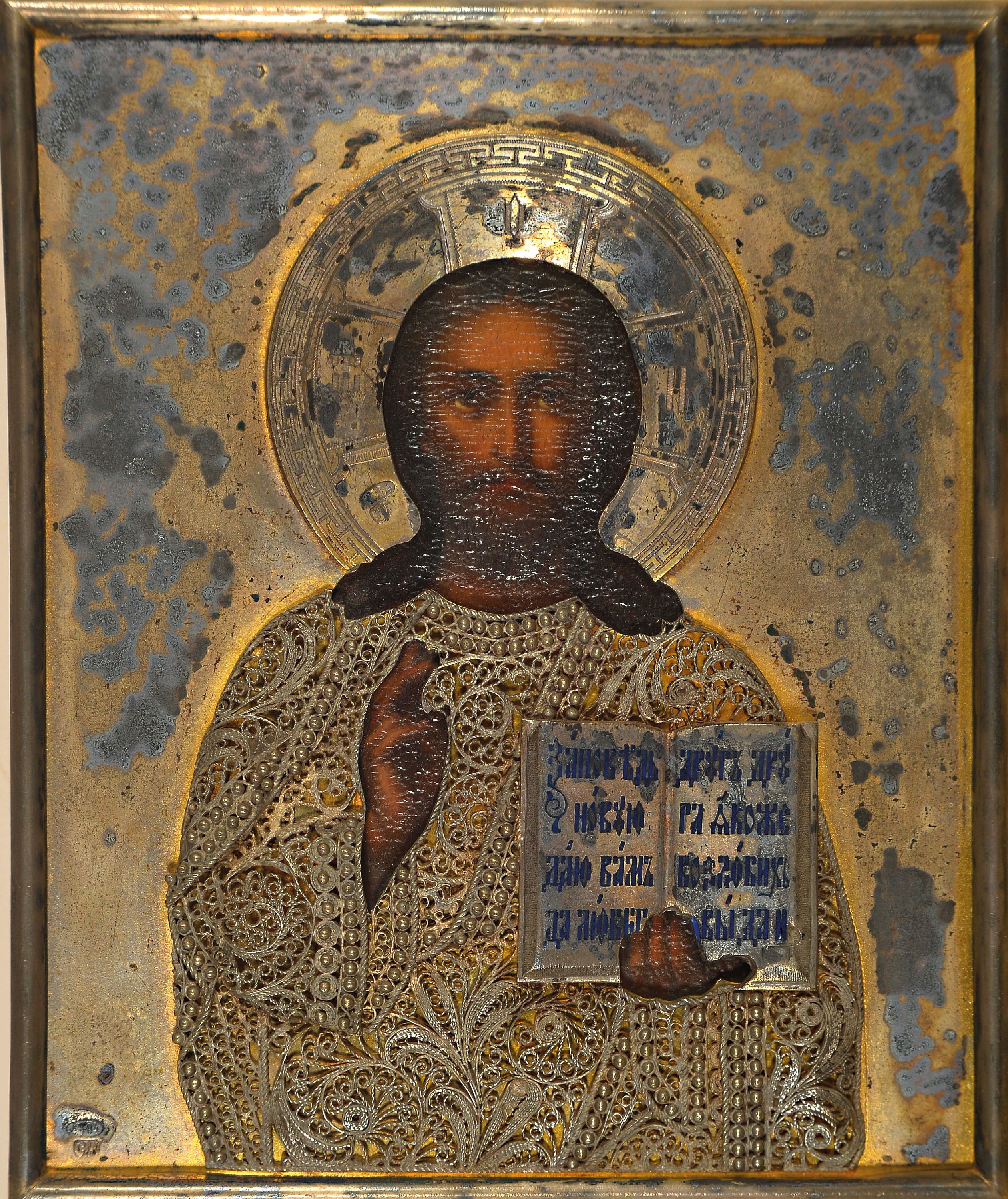 Detail k: Ikone, Russland, Ende 19. Jh., Christus Pantokrator, Tempera auf Holz, 84er Silber- Oklad teils in Filigranarbeit, ca. 13x11cm