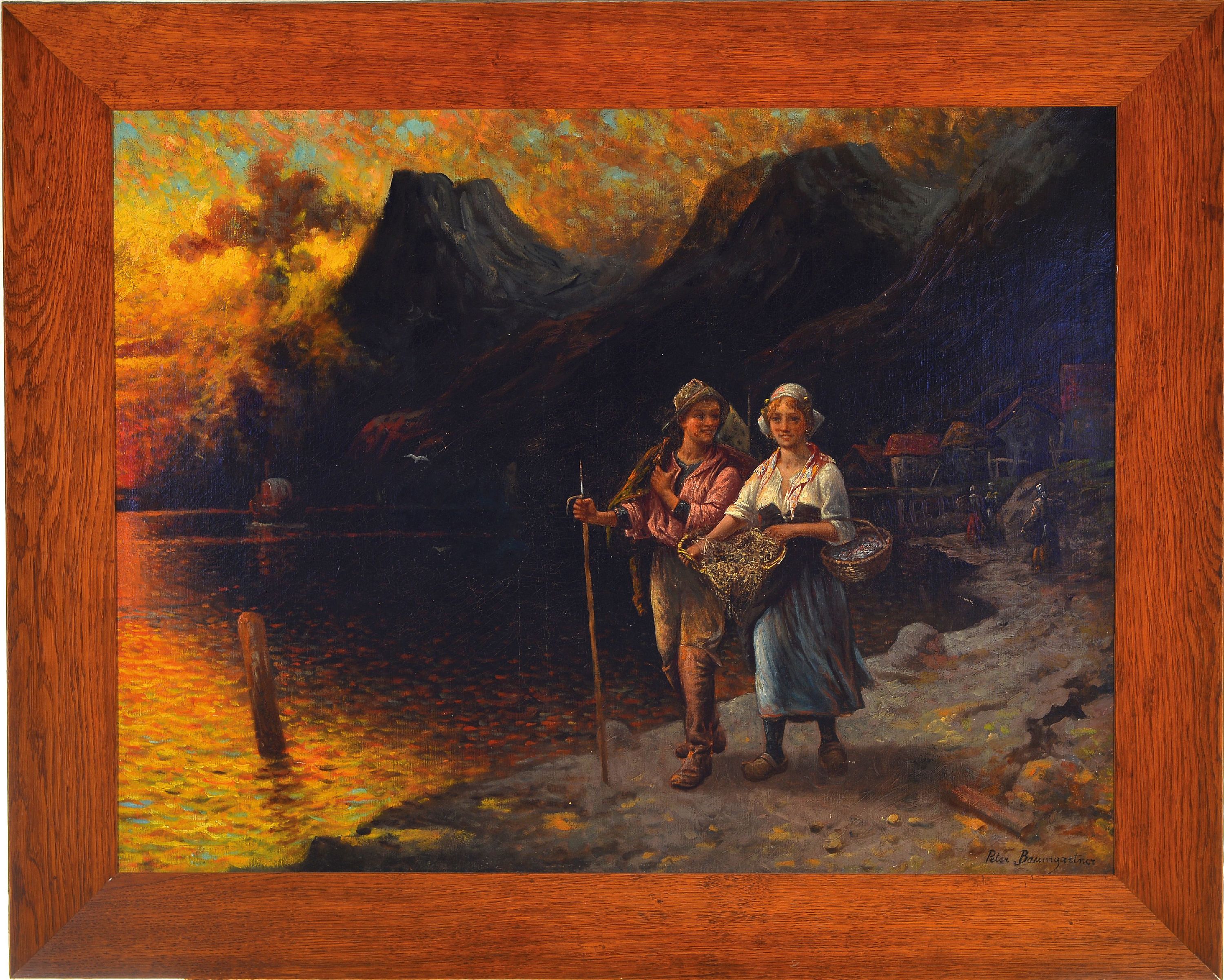 Detail k: Peter Baumgartner, 1834 Giesing-1911 München , Bauernpaar vor Küstenlandschaft im Abendrot, rechts unten signiert, Öl/Lwd, 72x92cm, Rahmen 88x108 ...