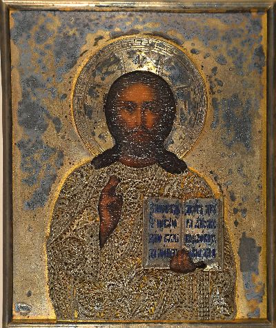 27069739k - Ikone, Russland, Ende 19. Jh., Christus Pantokrator, Tempera auf Holz, 84er Silber- ...