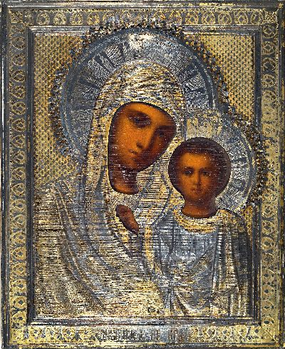 27069741k - Ikone, Russland, Ende 19. Jh., Gottesmutter Maria mit dem Christuskind, Tempera auf ...