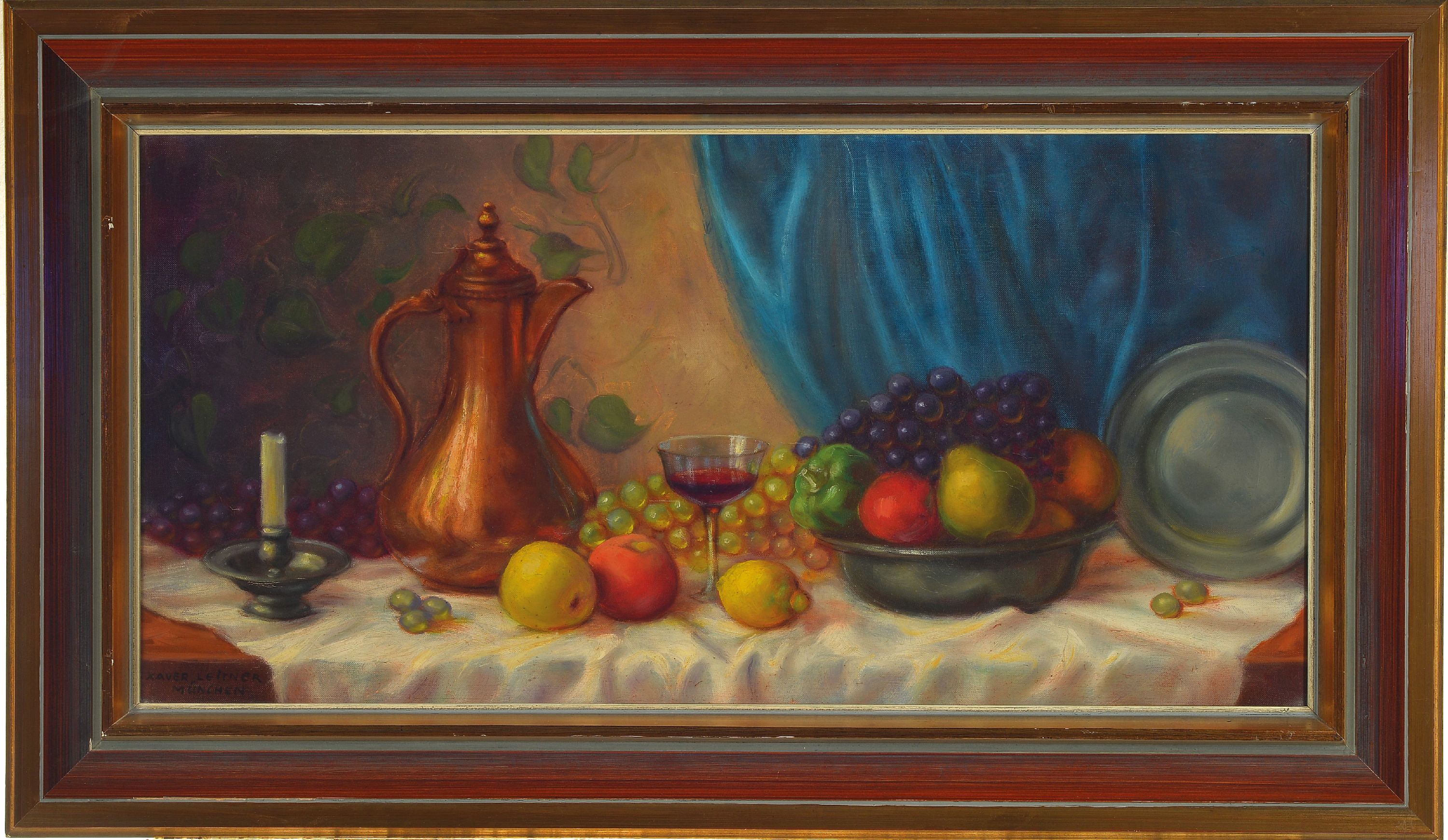 Detail k: Xavier Leitner, geb.1925-?, Münchener Schule , Stillleben mit Früchten und Tafelgerät, links unten signiert, Öl/Lwd, Rahmen 60x97 cm