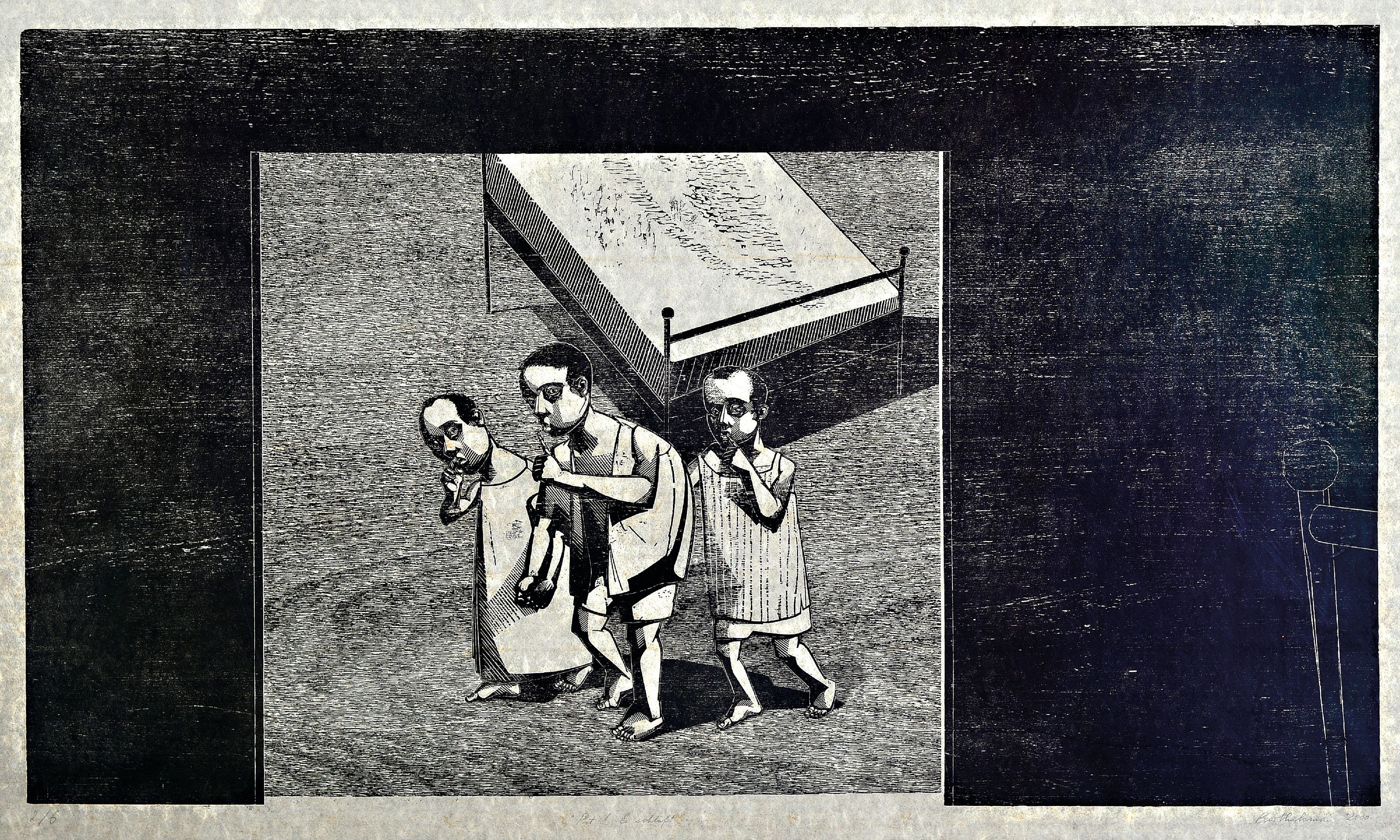 Detail a: Franca Bartholomäi, geb. 1975 Hohenmölsen, 2Holzschnitte auf Japan, ohne Titel (Angst/Liegende), Ed. 7/7, handsigniert und datiert 2000; "Er ...