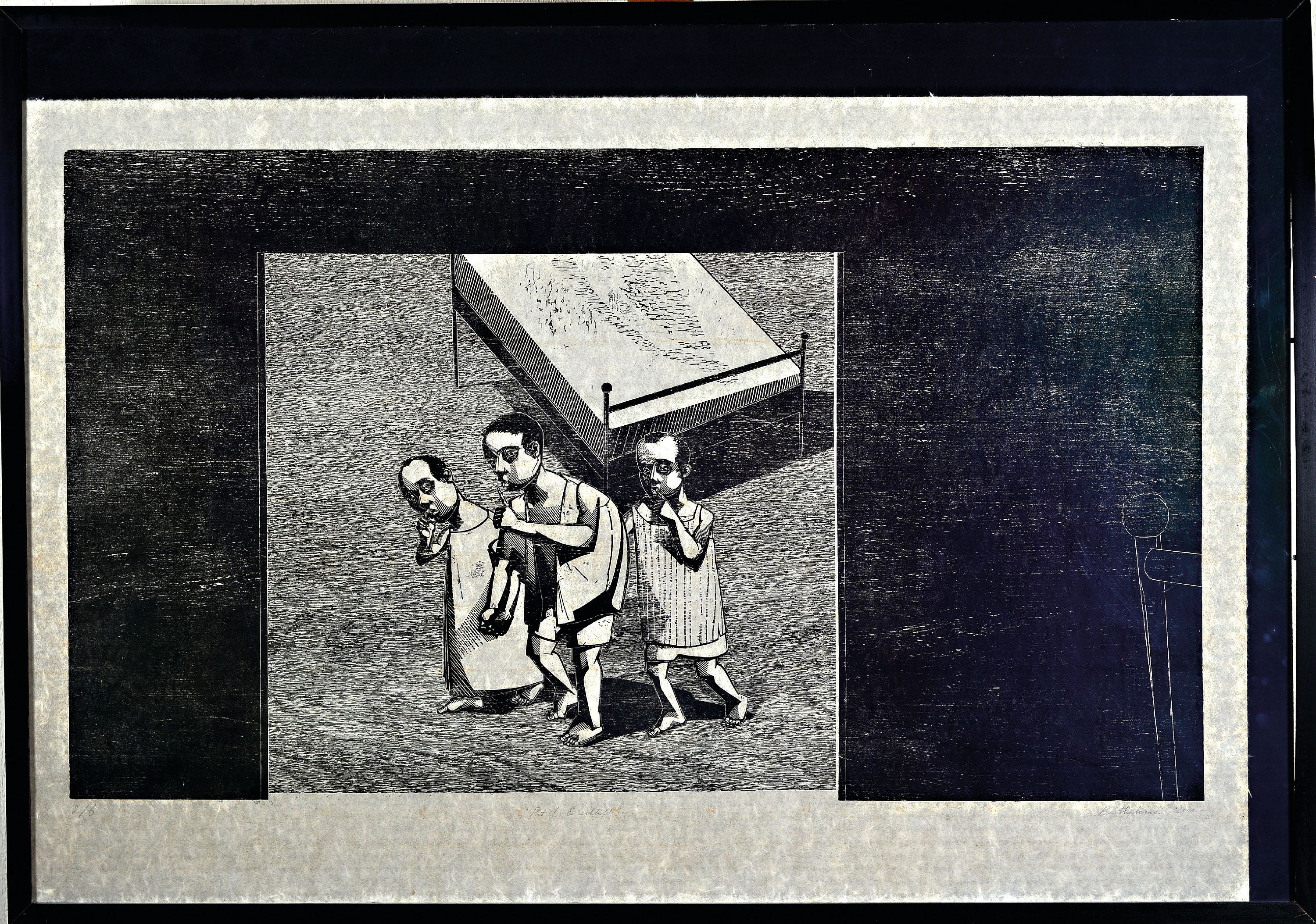 Detail l: Franca Bartholomäi, geb. 1975 Hohenmölsen, 2Holzschnitte auf Japan, ohne Titel (Angst/Liegende), Ed. 7/7, handsigniert und datiert 2000; "Er ...