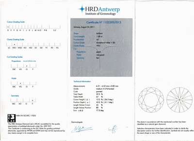 27069805a - 18 kt Gold Brillant-Ring, WG 750/000, mittig Brillant ca. 1.00 ct hochfeines ...