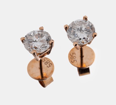 Image Paar 14 kt Gold Brillant-Ohrstecker, RG 585/000, 2 Brillanten zus. ca. 2.0 ct ...