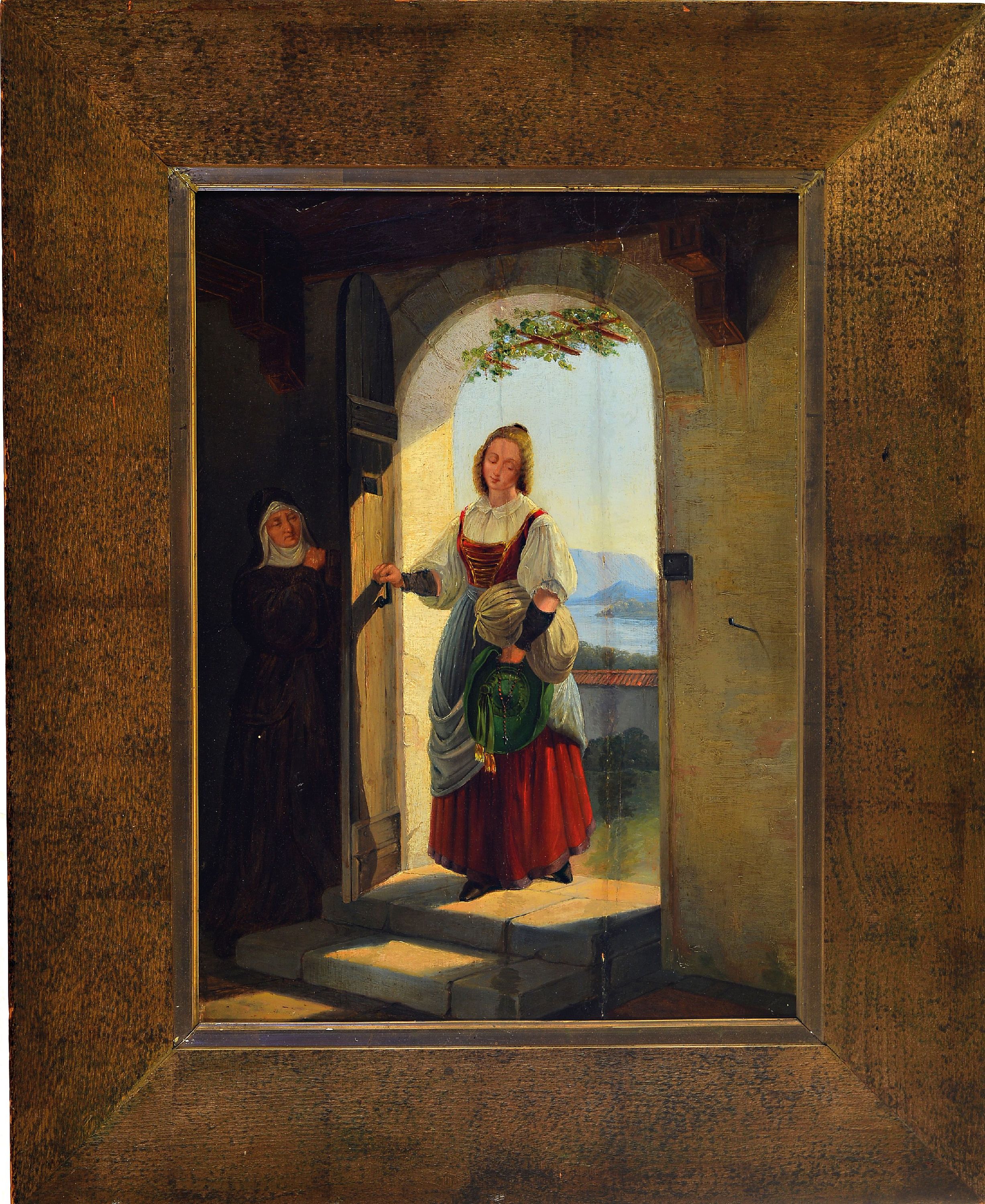 Detail k: Unbekannter Genremaler des 19.Jh., Nachfolge Ferdinand Georg Waldmüller (1793-1865), junge Frau beim Eintritt ins Kloster, um 1830/40, unsigniert, ...