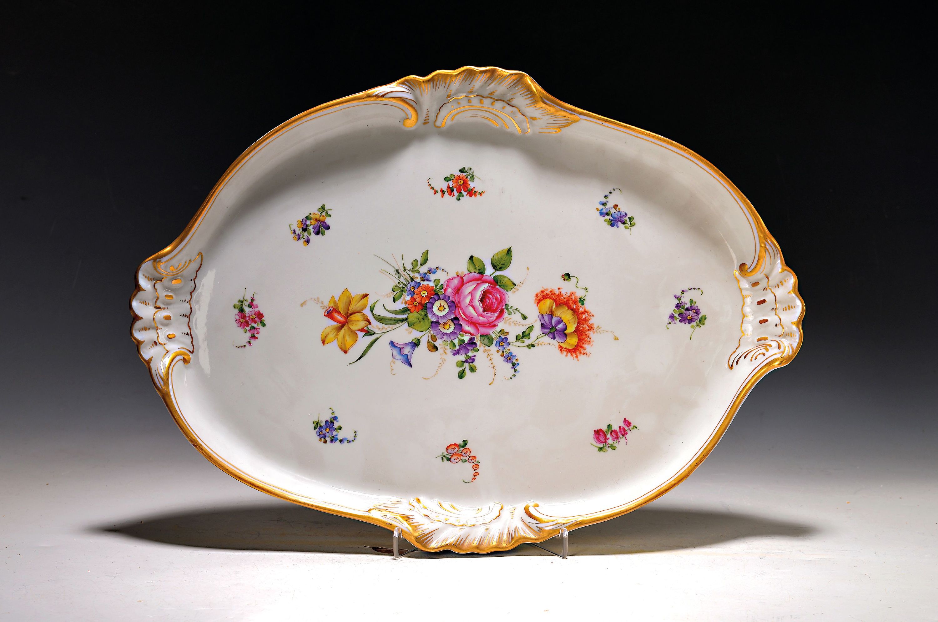 Image 27069964 - Ovale Platte, Schierholz, Plaue, 20.Jh., Porzellan, Goldstaffage, Blumendekor, 44x32 cm