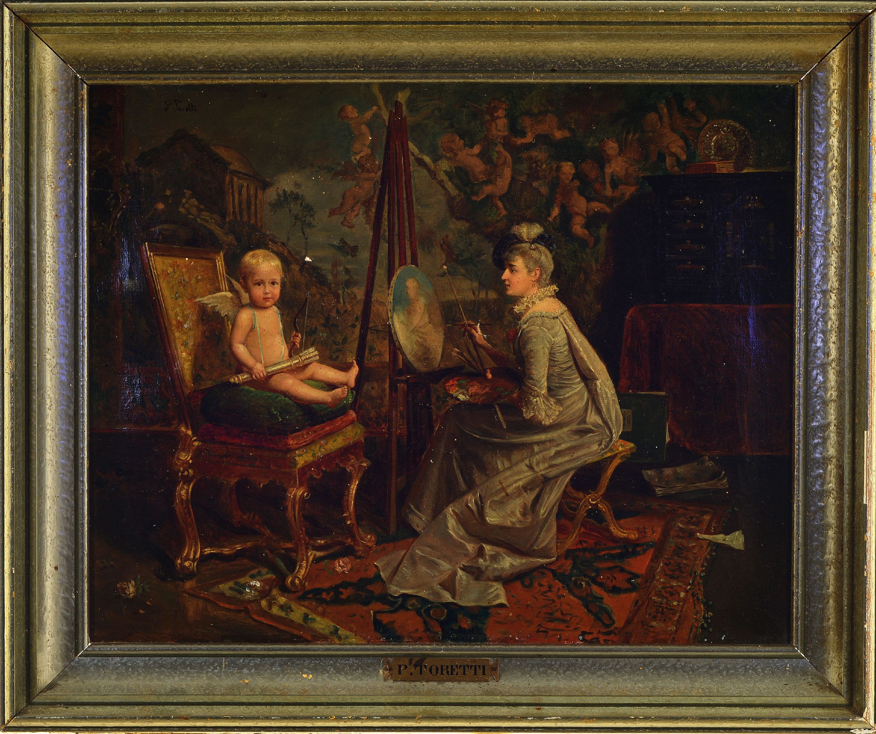 Detail k: Pietro Toretti, 1888-1927, italienisch, "Amor in der Kunst" so verso auf altem Etikett bez., Atelier mit Künstlerin, Amor in typ. Manier ...