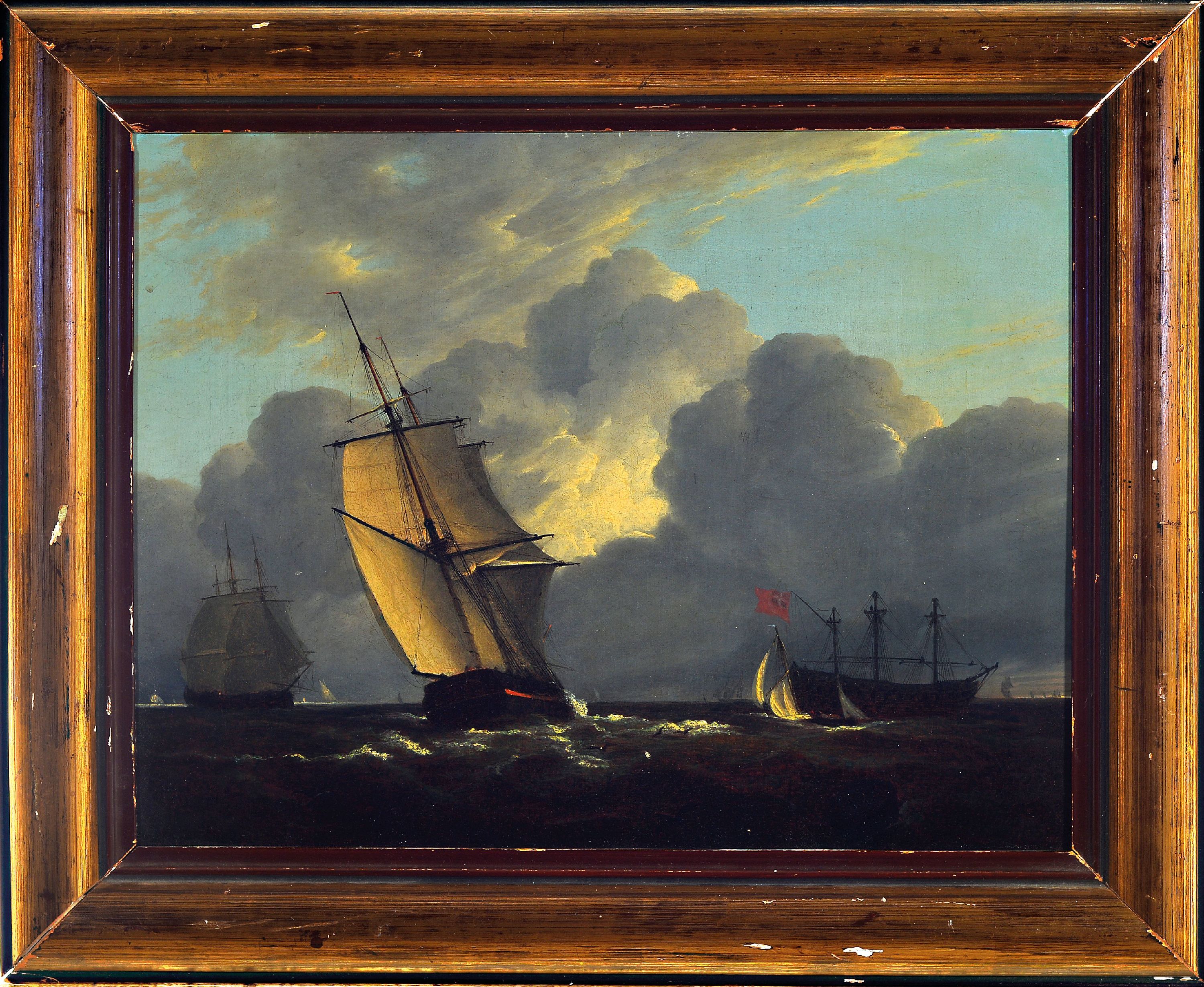 Detail k: Zuschreibung: Henri Adolphe Schaep, 1826 Mechelen-1870, Maritime Szene, Segelschiff vor zwei Kriegsschiffen in stürmischer See, bewegter Himmel, ...