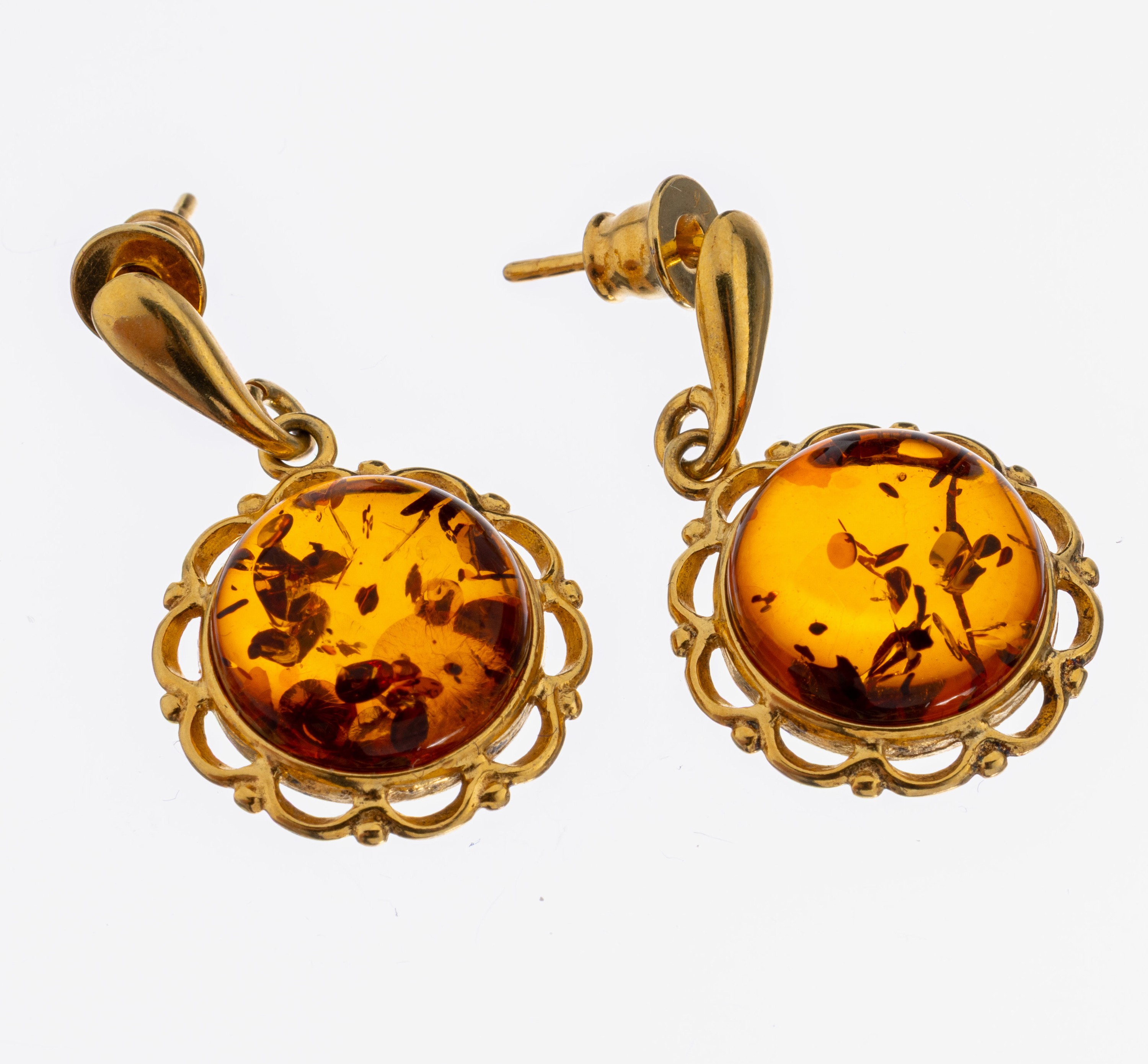 Image 27070027 - Paar Ohrstecker mit Bernstein Fassung Silber vergoldet, 2 runde Bernstein- Cabochons ...