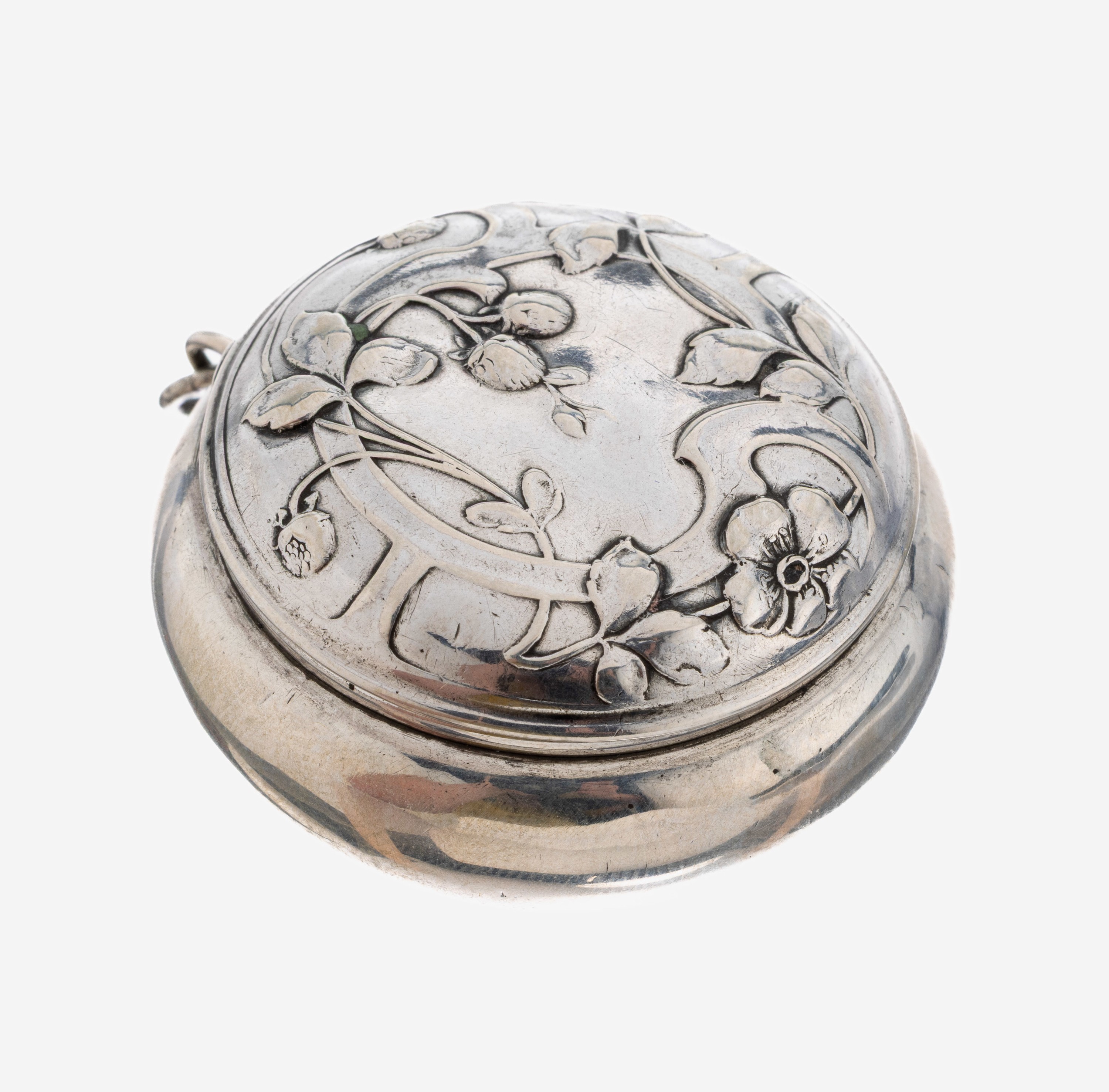 Image 27070033 - Jugendstil Pillendose, um 1900, Silber gepr., runde Grundform, Deckel mit reliefiertem ...
