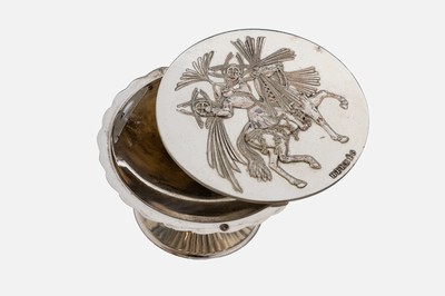 27070091a - HERMES Dose, Frankreich 1987, Metall versilbert, drehbarer Deckel mit typ. Reitermotiv, ...