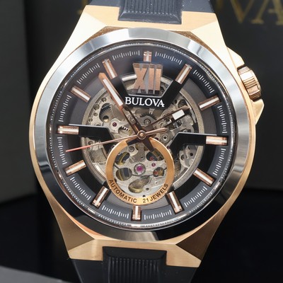 27070171a - BULOVA Maquina skelettierte Herrenarmbanduhr Referenz 98A177, Schweiz verk. lt. beil. ...