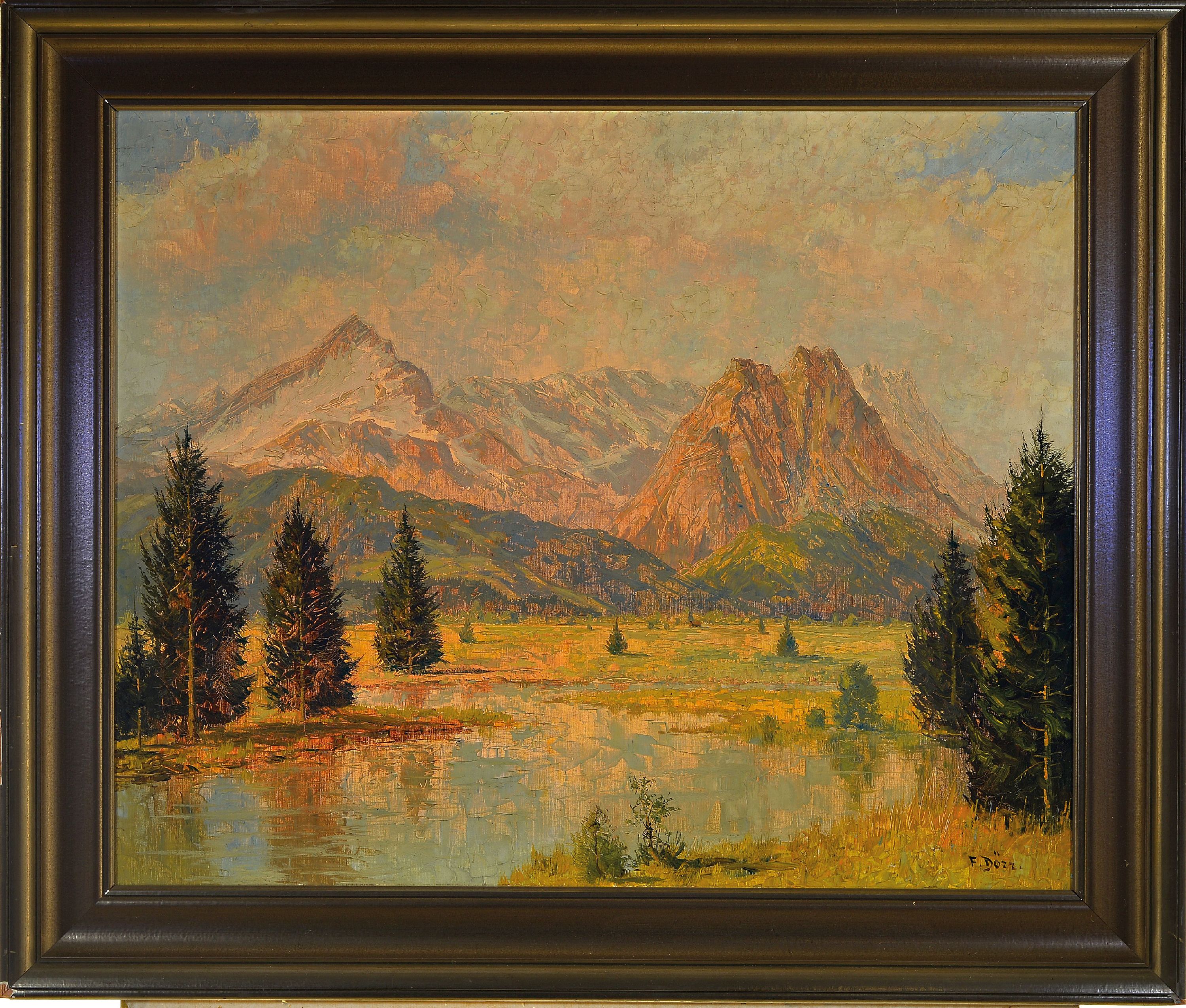 Detail k: Ferdinand Dörr, 1880 Bad Dürkheim-1968 Karlsruhe, Alpspitze-Zugspitze, so verso auf altem Etikett betitelt, Öl/Lwd, rechts unten signiert, ca. ...