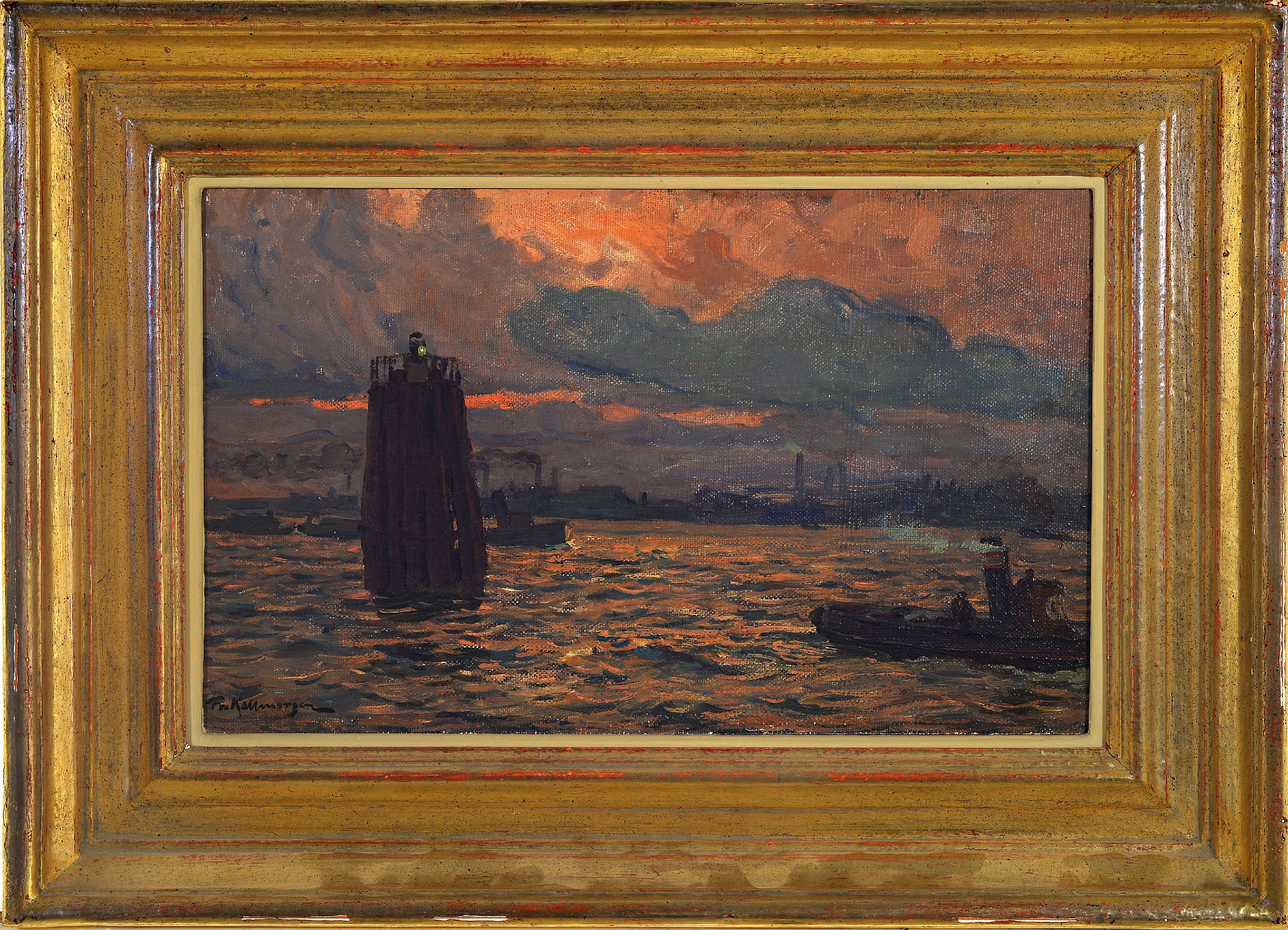 Detail k: Friedrich Kallmorgen, 1856 Altona-1924 Grötzingen bei Karlsruhe, Abend im Hamburger Hafen, so rückseitig betitelt, Öl/Malkarton, links unten ...