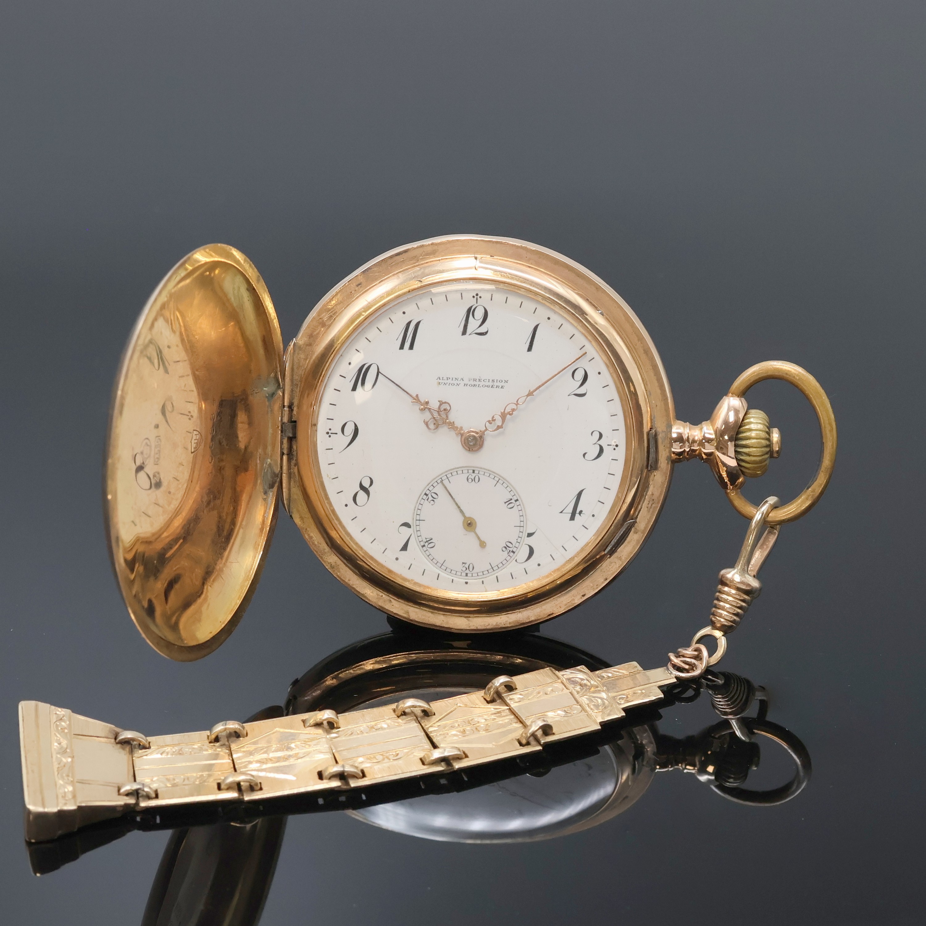 Image 27070346 - ALPINA Precision Union Horlogere Savonette Herrentaschenuhr in RG 585/000 an RG 585/000 ...