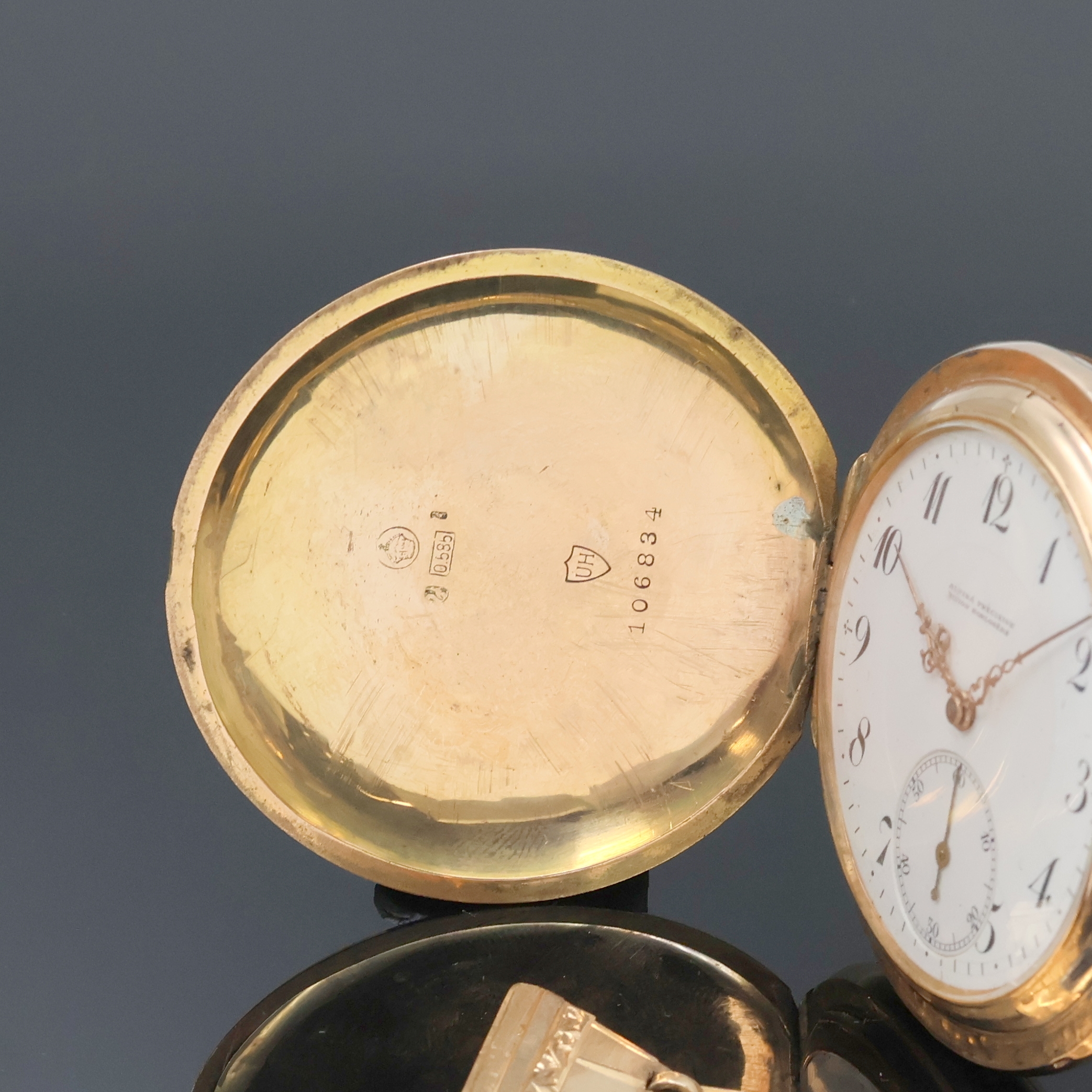 Detail a: ALPINA Precision Union Horlogere Savonette Herrentaschenuhr in RG 585/000 an RG 585/000 Chatelaine, Schweiz für den dtsch. Markt um 1910, guill. ...