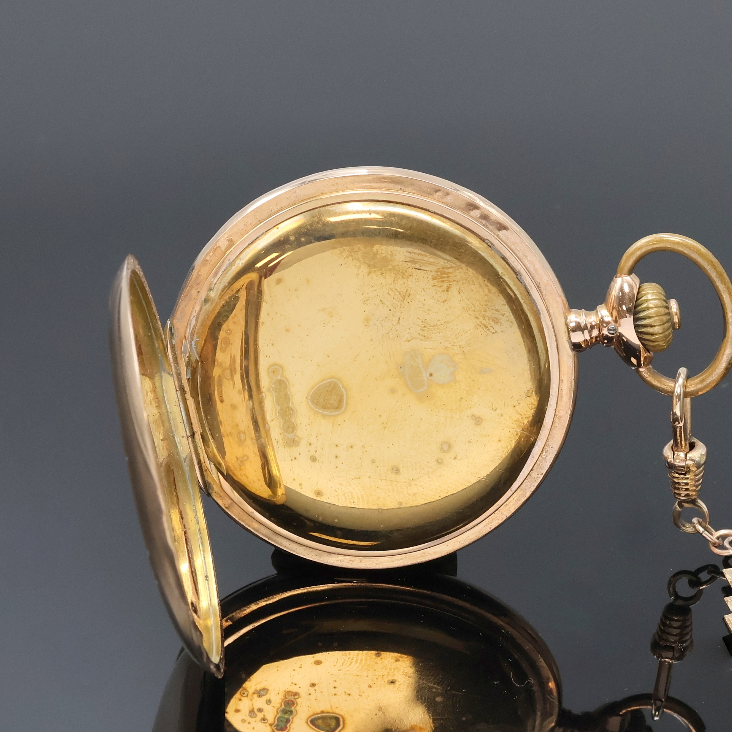 Detail d: ALPINA Precision Union Horlogere Savonette Herrentaschenuhr in RG 585/000 an RG 585/000 Chatelaine, Schweiz für den dtsch. Markt um 1910, guill. ...