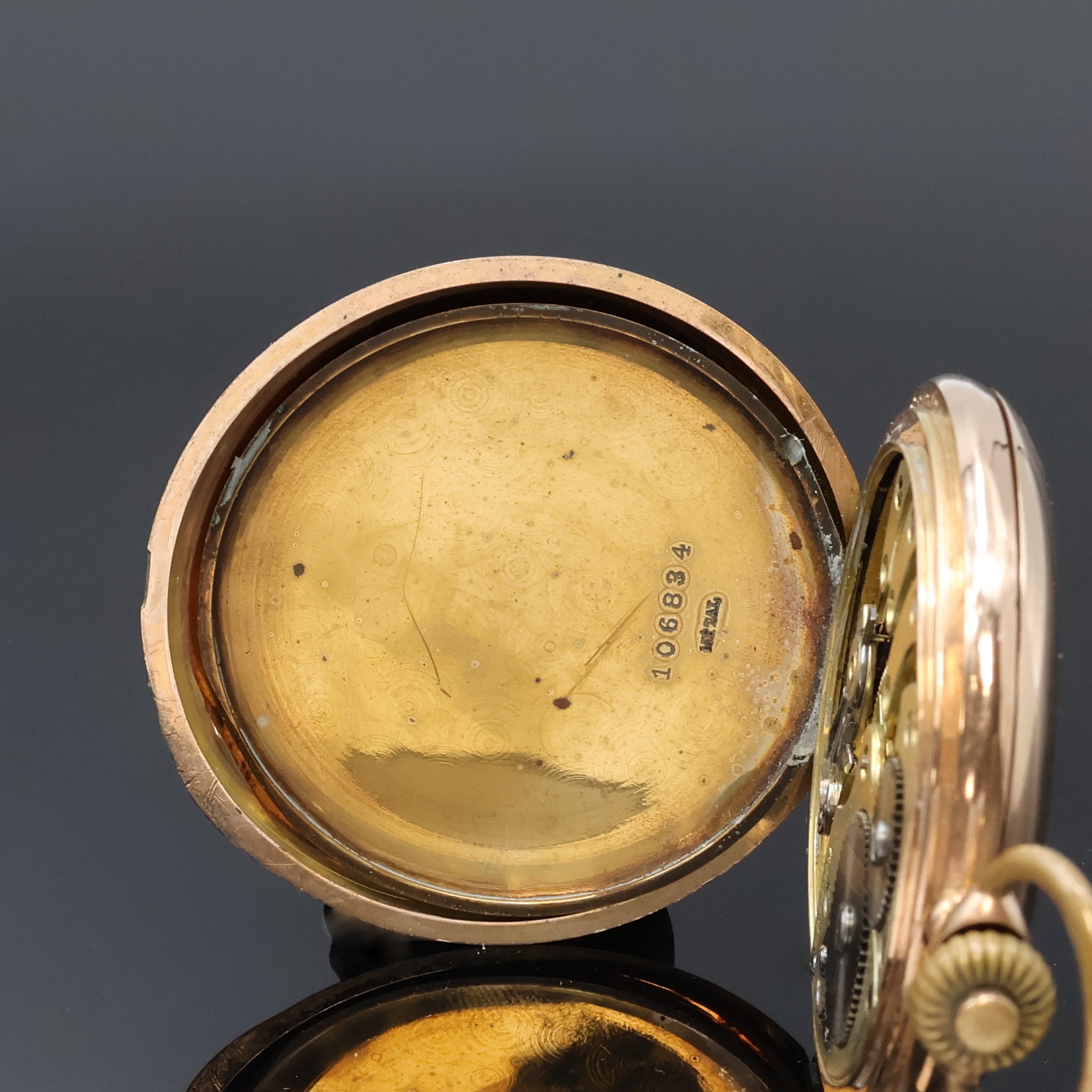 Detail e: ALPINA Precision Union Horlogere Savonette Herrentaschenuhr in RG 585/000 an RG 585/000 Chatelaine, Schweiz für den dtsch. Markt um 1910, guill. ...