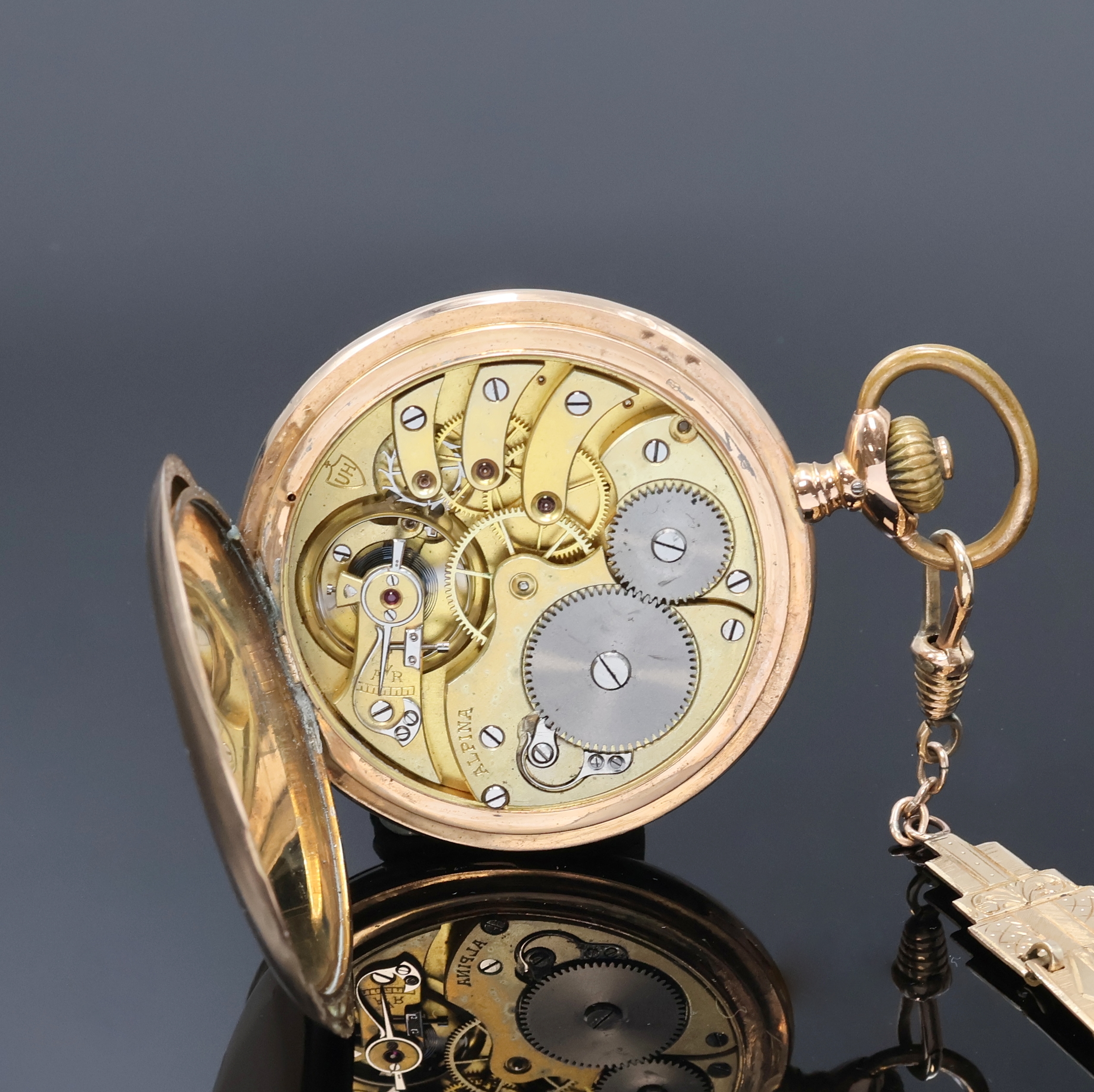 Detail f: ALPINA Precision Union Horlogere Savonette Herrentaschenuhr in RG 585/000 an RG 585/000 Chatelaine, Schweiz für den dtsch. Markt um 1910, guill. ...