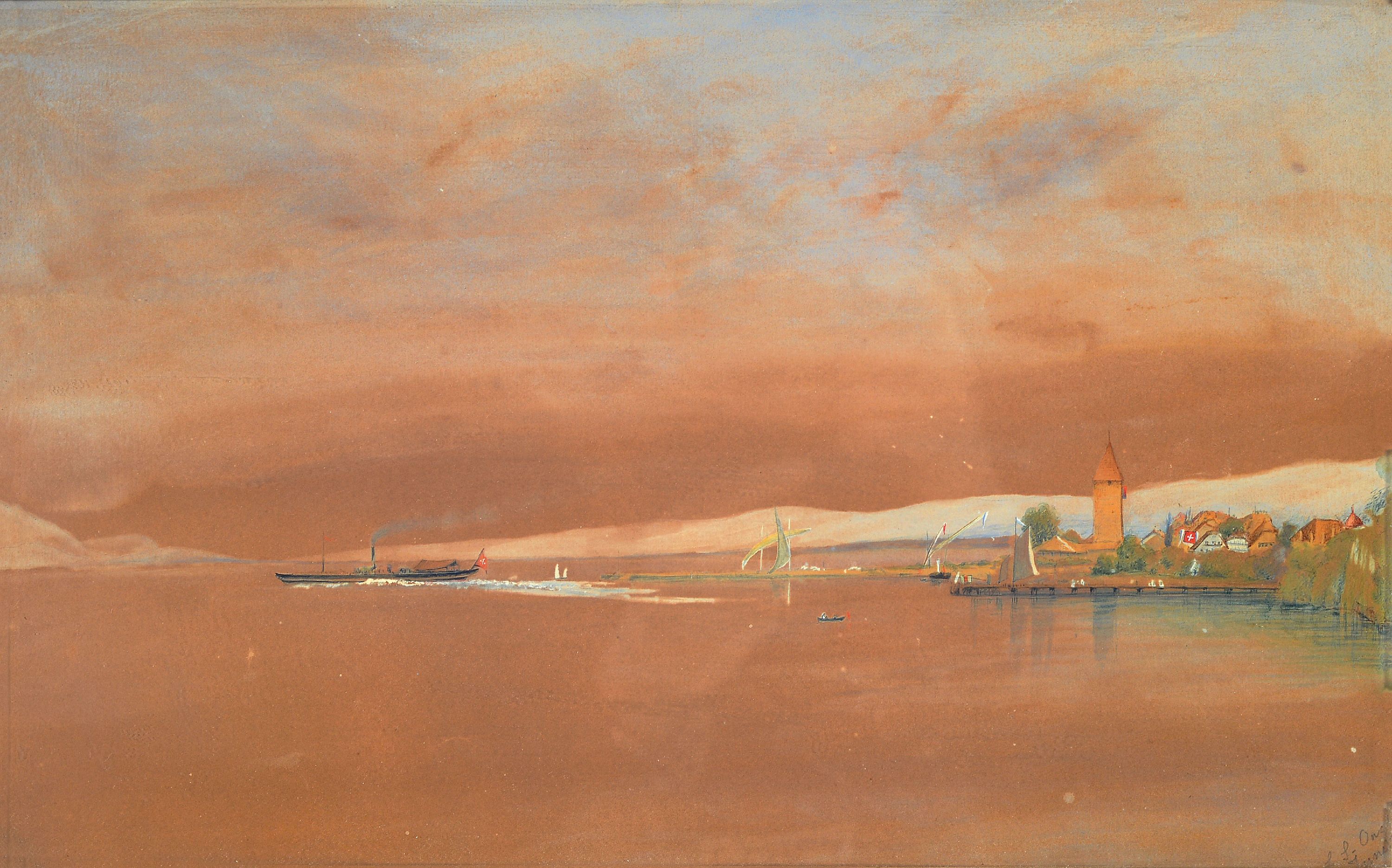 Ludwig Sellmayr, 1834-1904 München, Mischtechnik auf braunem Papier, Ansicht vom Genfer See, weißgehöht, rechts unten signiert,unter Glas gerahmt ...