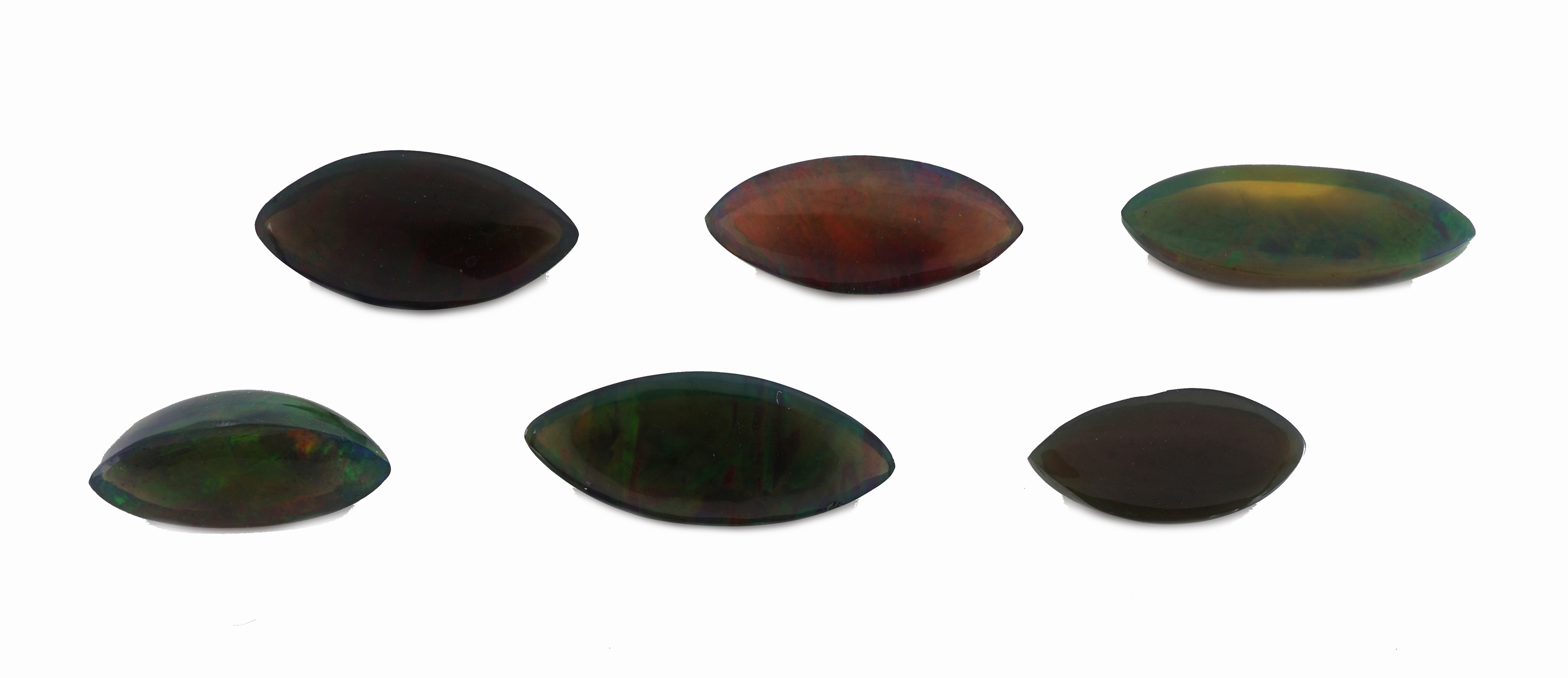 Detail a: Lot 6 lose Opalcabochons, 16.73 ct, Schwarzopal mit schönem Farbspiel in Grün, Orange und Blau, wohl beh., Navette