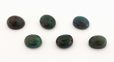 27070407a - Lot 6 lose Opalcabochons, 27.82 ct, Schwarzopal mit schönem Farbspiel in Grün, Orange ...