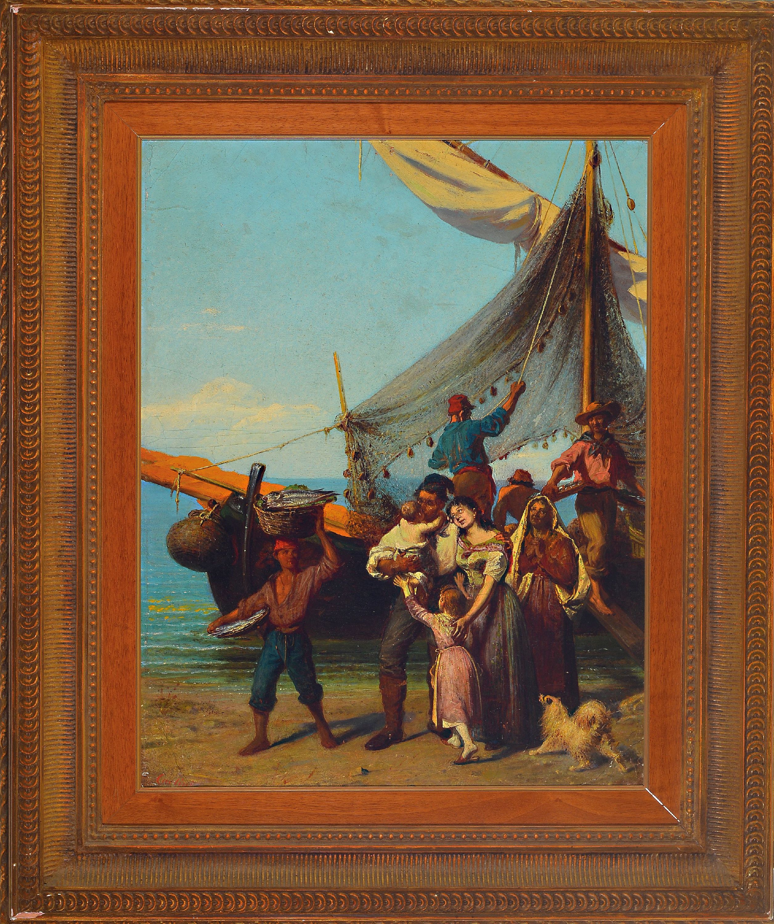 Detail k: Giulio Carlini, 1826-1887 Venedig, Heimkehrende Fischer beim Begrüßen der Familie am Strand, links unten signiert, Öl/Platte, restauriert, 66x55 ...